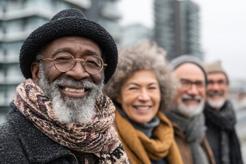 Smiling elderly group enjoying a winter day in an urban setting with cozy attire and joyful expressions