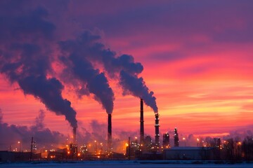 Industrial landscape with smokestacks under vibrant sunset sky in a bustling urban area
