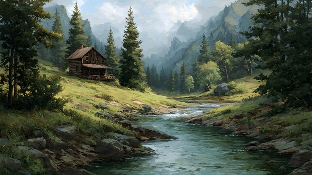 Rustic cabin nestled beside a flowing river in a sunlit forest