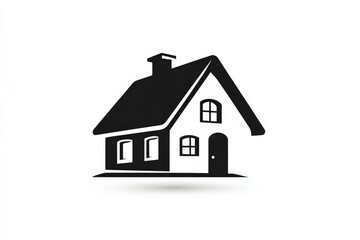 Stylized black and white illustration of a house with a chimney and windows on a solid background