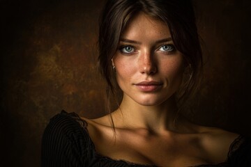 Captivating portrait of a woman with striking blue eyes and natural beauty in low light setting