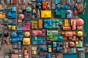 Vibrant rooftops create a colorful mosaic in this coastal town during midday hours