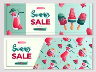 A set of promo banners with various watermelon sweets and desserts. The concept of summer, summer sale. Vector illustration for posters, banners, advertisements, flyers