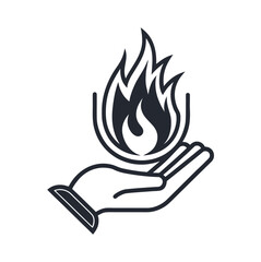 Outline icon of a hand holding fire on a white background
