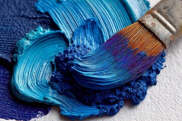 Vibrant blue paint mixed on a palette with a brush showing fluid strokes and texture
