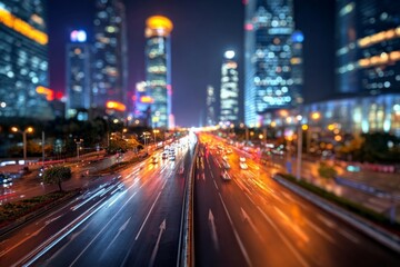City skyline illuminated at night with busy traffic in motion along urban highway