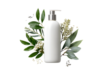 A mockup of an elegant white shampoo bottle with a pump head, placed on the right side against a pristine white  isolated on a transparent background in PNG format.