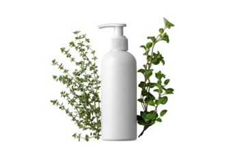 A mockup of an elegant white shampoo bottle with a pump head, placed on the right side against a pristine white  isolated on a transparent background in PNG format.