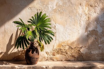 Indoor potted plant casting shadows on a textured wall in a warm, natural light setting