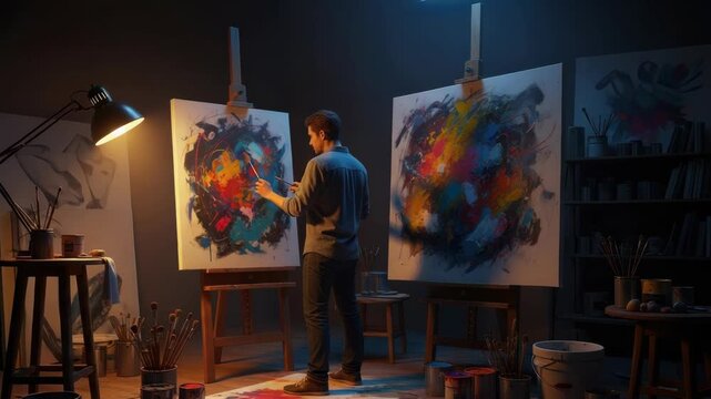 A creative artist passionately painting vibrant abstract art on two large canvases in a dimly lit studio surrounded by paint supplies and colorful splashes on the floor evoking inspiration and creativ