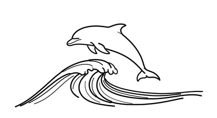 Fototapeta premium Dolphin jumping out of ocean wave drawing vector illustration line art simple design for kids coloring page 100