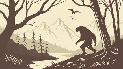 Mysterious Bigfoot Sasquatch walking in a dark forest landscape with mountains and river, cryptid legend.