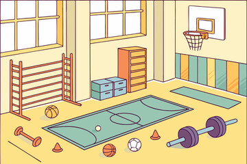 Naklejka premium A background of sports items and gym elements for school vector illustration