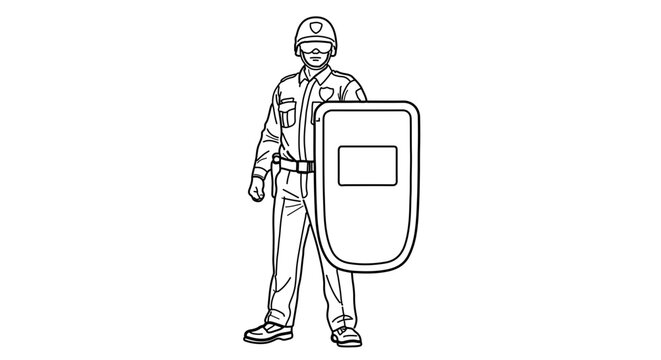 police officer holding shield, black and white clip art preview