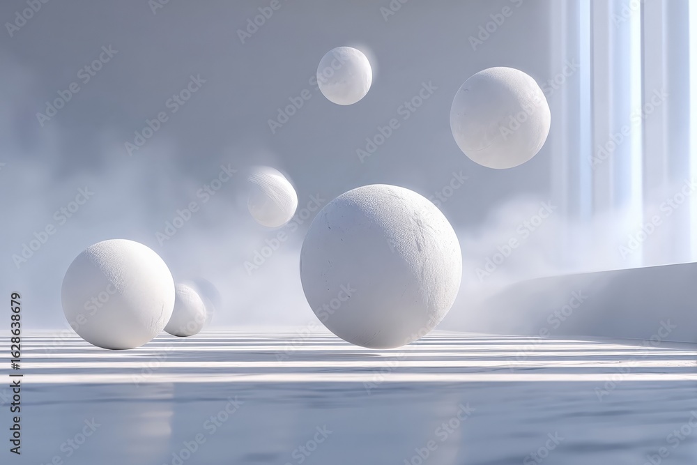 Aufkleber floating white spheres in a minimalistic setting with soft lighting and mist