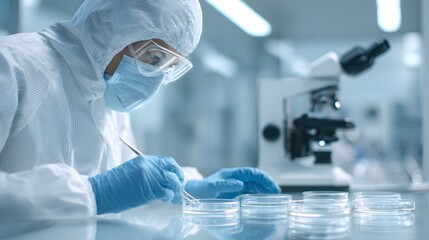 Sterile Laboratory Interior with Researcher in Protective Gear and Equipment