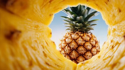 Close-up of fresh pineapple, taken through a hole in the pulp. Tropical fruit, healthy food. - Powered by Adobe