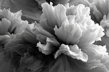 Black and white close-up of elegant flowers with intricate textures and soft shapes in a minimalistic style
