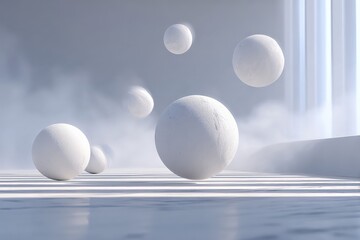 Floating white spheres in a minimalistic setting with soft lighting and mist