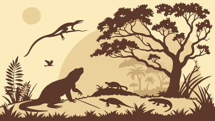 Prehistoric ancient reptiles and creatures in a vintage silhouette landscape. Evolution, primeval nature, and wildlife.