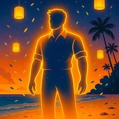 Obraz premium Man watching sky lanterns on beach at sunset
