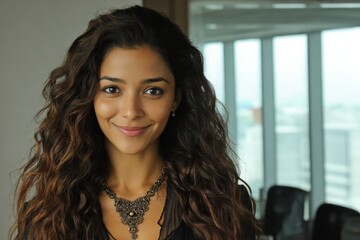 Woman with curly hair smiling inside a modern building with large windows and a city view during the day