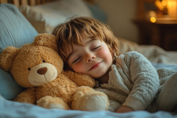 A peaceful scene: Little boy sleeps, holding a teddy bear.