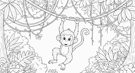 Monkey swinging from jungle vines coloring page for kids and adults printable activity sheet drawing 100