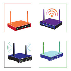 Four colorful illustrations of wireless routers, showcasing different color variations.