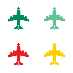 Four colorful airplane icons, top-down view, simple design, travel symbols.