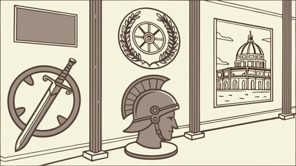 Ancient history museum exhibition with Roman artifacts, classical art, sword, helmet, and historical building.