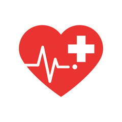 Fototapeta premium Vector art of red heart with a white electrocardiogram line and a white cross symbol, isolated on white background