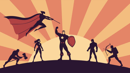 Superhero team silhouettes against a sunburst background. Group of powerful comic book heroes standing together, ready for action.