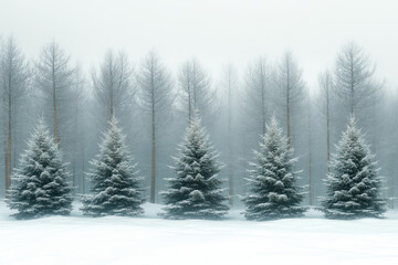 Obraz premium Row of trees standing tall in the snow.