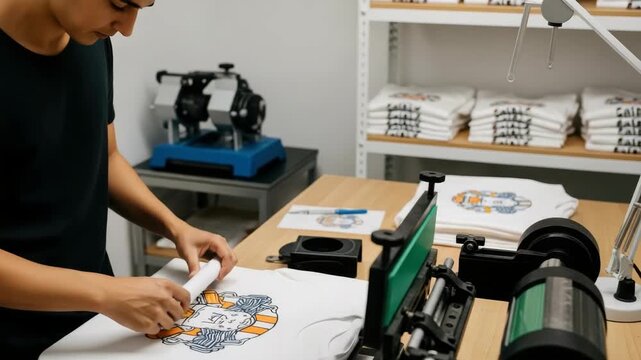 A person carefully folding a freshly printed t-shirt featuring a vibrant graphic design in a modern printing workshop with neatly stacked shirts and printing equipment in the background