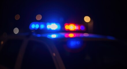 Flashing blue and red police lights create a striking bokeh effect against a dark night backdrop, intensifying the atmosphere of urgency and tension in an urban setting