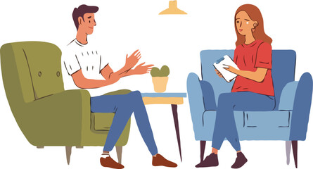Therapy Session Illustration Two People Discussing Feelings Woman Taking Notes in a Counseling Meeting Offering Support
