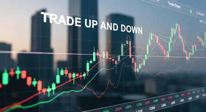 Stock Market Trading with Up and Down Trends Displayed on Screen Against Cityscape Background for Investment Opportunities and Financial Analysis - Powered by Adobe