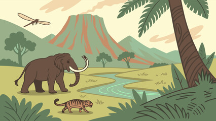 Prehistoric Ice Age landscape with woolly mammoth, saber-toothed tiger, volcano, and river. Ancient wildlife illustration.