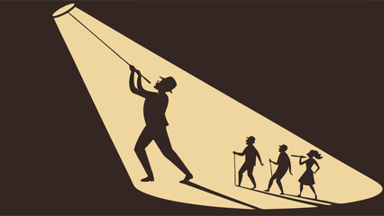 Business leader in spotlight guiding team. Vision, direction, teamwork, and path to success concept.