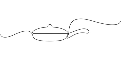 Pan kitchen continuous line drawing. Continuous single line drawing pan kitchen. Kitchen, equipment concept. One line art style vector illustration. 