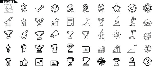 Collection of black and white line art icons representing success and achievement