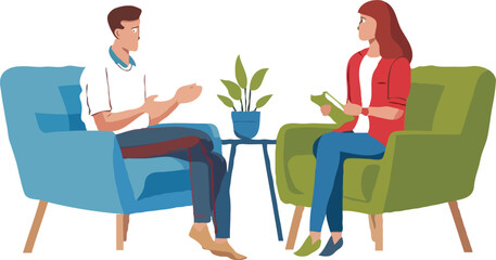 Illustration of Therapy Session Showing Patient Sharing Emotions with Therapist in Calm Environment to Improve Mental Health