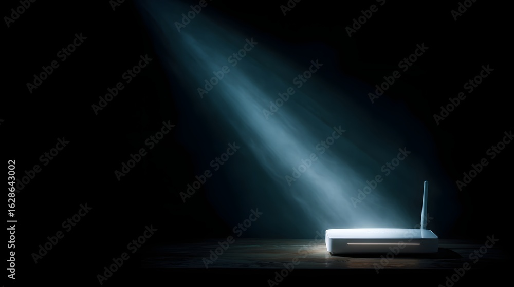 Poster wireless router emitting glowing network signals in the dark
