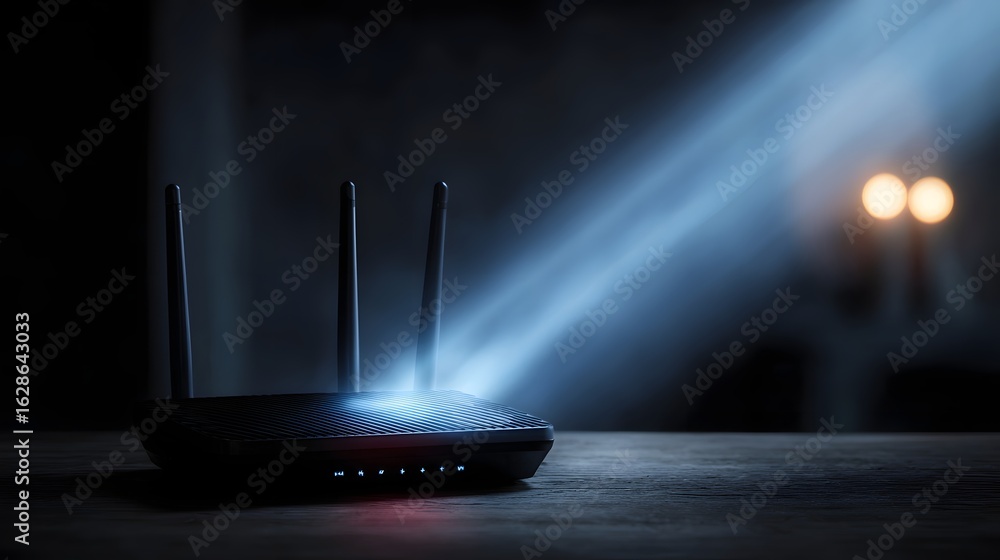 Poster wireless router emitting signal beams in a dark environment