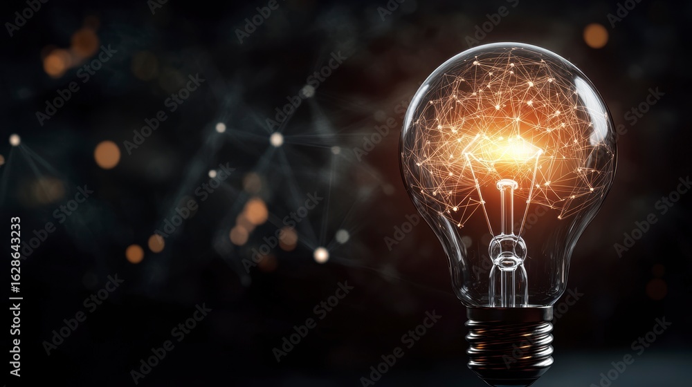 Poster glowing lightbulb with interconnected network inside, symbolizing innovation and ideas.