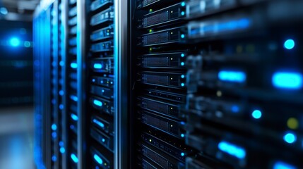 Close-up of server racks in a data center, glowing blue lights illuminate the technology.
