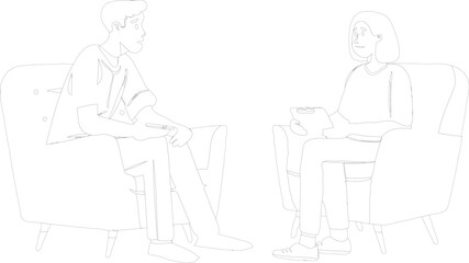 Illustration of a Therapy Session featuring a Male Patient and a Female Therapist Engaged in a Conversation on Armchairs
