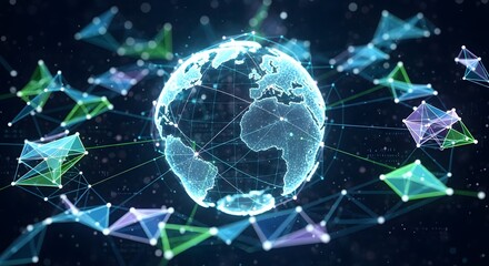 Obraz premium Global interconnected network of data points surrounding a digital representation of the earth.
