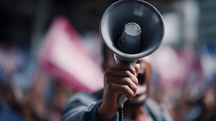 Person using megaphone to address crowd at protest or campaign rally